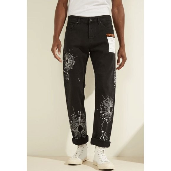 Guess Men’s Rodeo Regular Straight Leg Jeans In Black Skylab Wash Size 32
